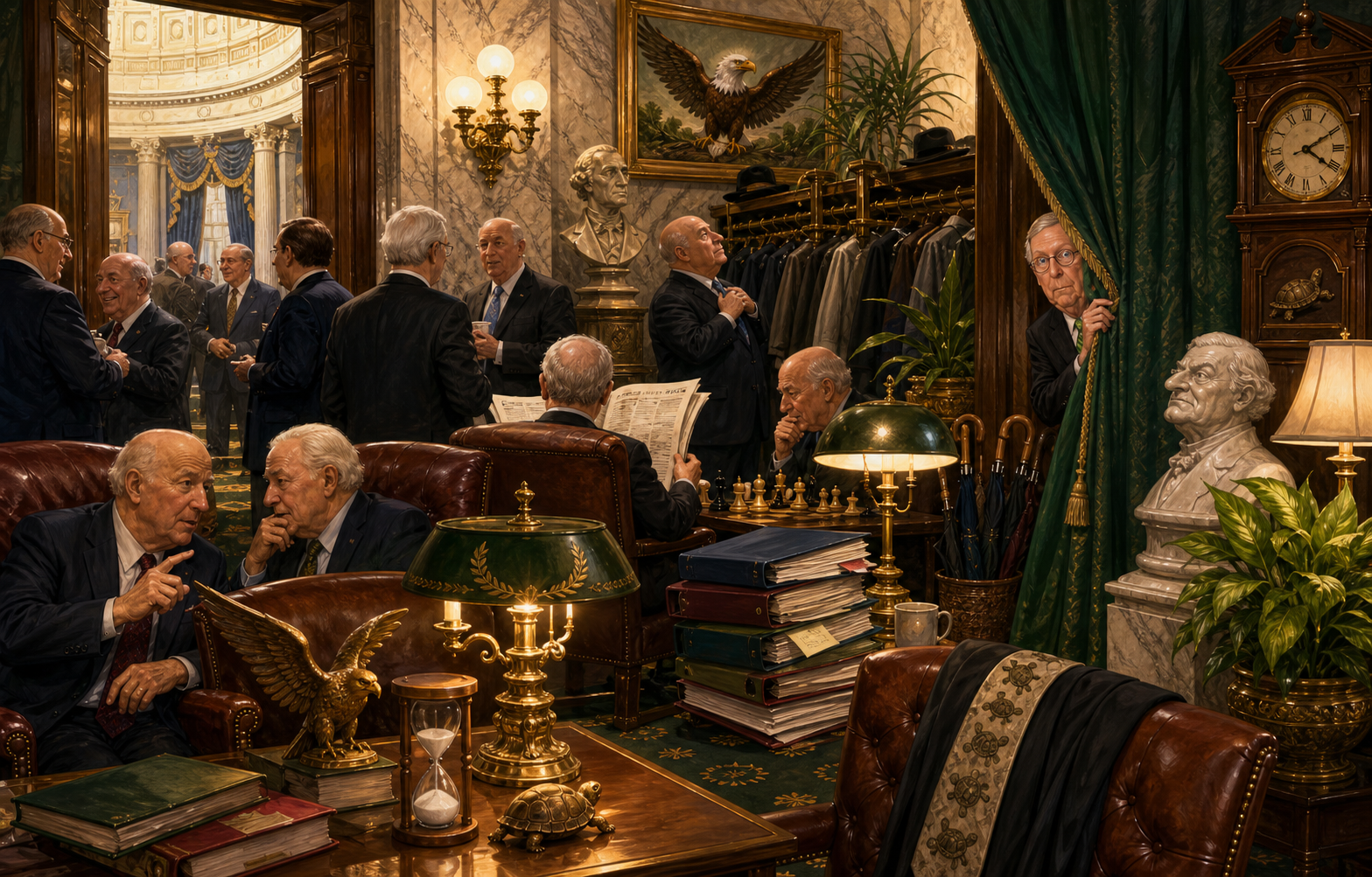 A crowded, richly illustrated Senate cloakroom full of politicians, lamps, books, curtains, and visual distractions.
